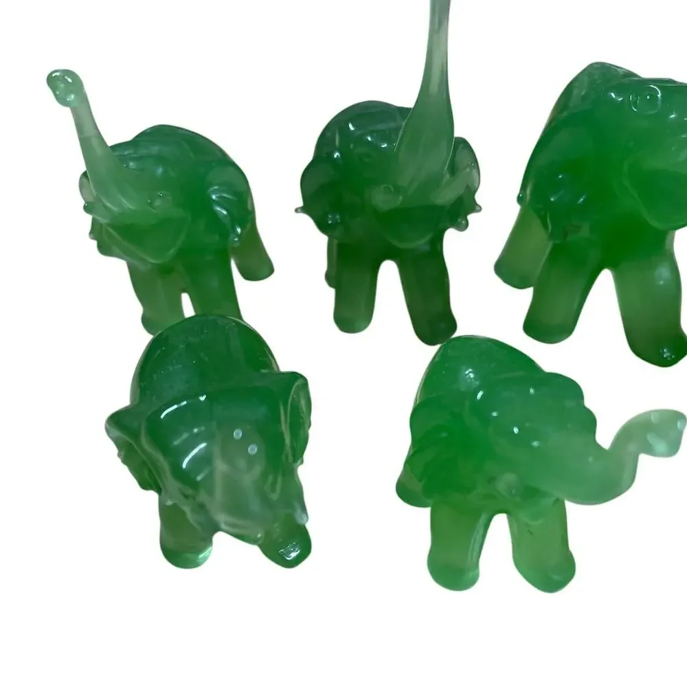 Vintage Set of 8 Green Glass Handmade Elephant Figurines Good Used Condition